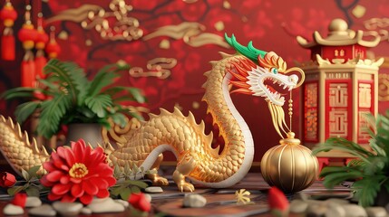 Obraz premium Mid autumn festival holiday or new year ,with ,lanterns, flower, moon, rabbit ,moon cake, tea pot and elements on background.