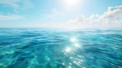 Sunny tranquil ocean waters reflecting light on a clear day with soft clouds in the sky