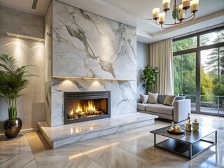 Sleek Modern Marble Tile Fireplace in a Contemporary Living Room Setting with Elegant Design Elements