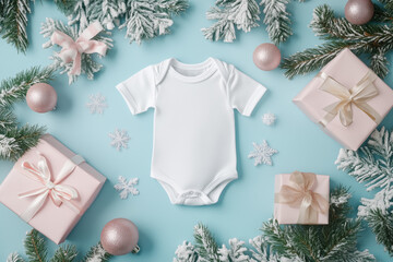 Mockup baby white bodysuit design in the middle with Christmas decorations. Winter composition with present box, Christmas tree on blue background. Flat lay, top view, copy space.