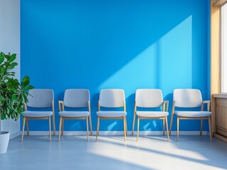 Bright blue walls, light gray chairs, and wooden furniture in a minimalist waiting room, creating a fresh, modern look