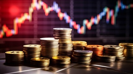 A stacked pile of Bitcoin coins with a vibrant market chart displayed on a digital screen in the background. Ideal for themes of cryptocurrency, trading, finance, and blockchain technology.