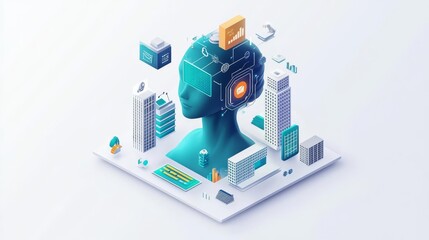 Futuristic AI concept with digital-human synergy in a tech cityscape. Abstract elements represent advanced technology and innovation.