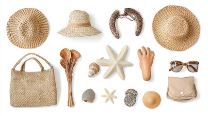 Stylish beach accessories arranged for a summer outing by the shore showcasing natural materials