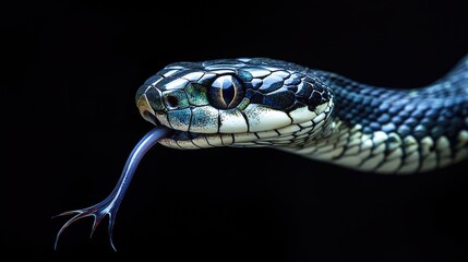 Close-up of a snake's venomous fangs dripping venom, with its forked tongue flicking out in search of prey.