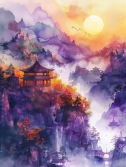 Tranquil Chinese landscape painting of mountains and pavilions