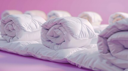 Neatly Arranged White Comforters on Purple Background