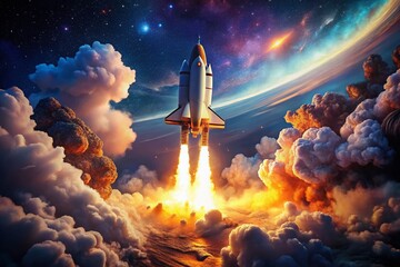 Obraz premium Spaceship Blasting Off into the Starry Sky with Flames and Smoke, Symbolizing Space Exploration and Futuristic Travel