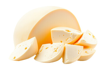 Provolone cheese rounds and slices isolated on white background. Concept of dairy products and cheese varieties.