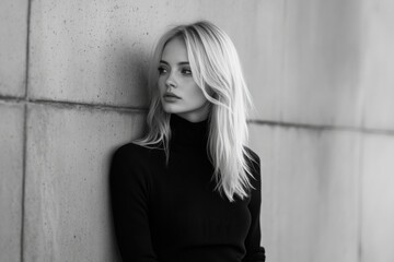 Fototapeta premium a beautiful blond woman leaning against a wall