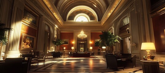 Obraz premium An elegant hotel lobby with grand architecture, high ceilings, and stylish furnishings