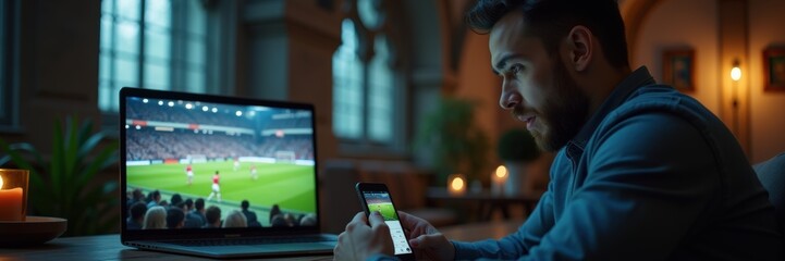 A man enjoys watching a live football match on his laptop while engaging with a sports app on his smartphone, highlighting the merging of entertainment and technology.