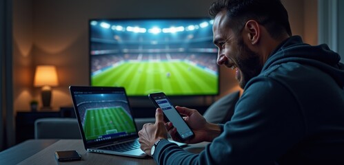 A man enjoys a football match while multitasking on his laptop and smartphone, capturing the spirit of sports entertainment and technology in a cozy home setting.