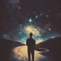 Fototapeta premium a man with short hair in the center of the image with his back turned, looking at the horizon, the sky mixes with a galactic night and has a spiral constellation in the center that radiates a glow of 