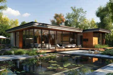 Obraz premium Modern House with a Pond and Patio