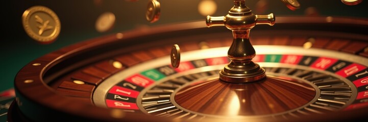 Obraz premium A dynamic close up of a roulette wheel with flying chips, symbolizing excitement and risk in gaming and gambling industries.