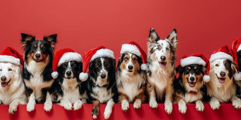 Group of cheerful dogs wearing festive Santa hats, lined up against vibrant red backdrop, celebrating joyful holiday spirit, embodying Christmas and New Year cheer.