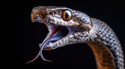 Close-up of a taipan snakeas venomous fangs exposed as it strikes, with deadly precision.