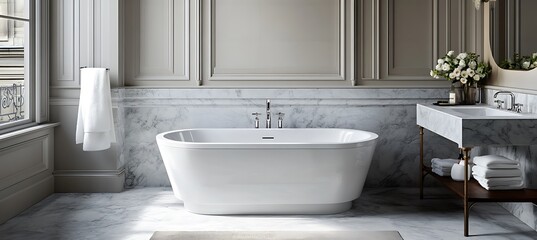 An elegant luxury bathroom with a freestanding tub, marble tiles, and high-end fixtures