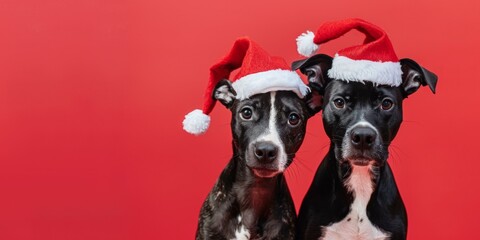 Two adorable dogs wearing festive Santa hats pose together against vibrant red background, celebrating holiday spirit, showcasing charm and joy for Christmas season.