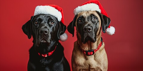 Obraz premium Two adorable dogs wearing festive Christmas hats pose against vibrant red background, capturing holiday spirit and joy, showcasing love for pets during festive season.