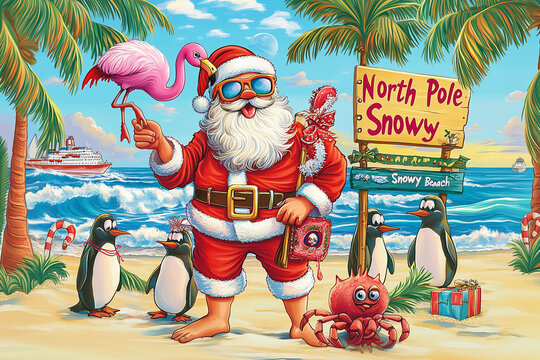 Lustiger Weihnachtsmann am Strand im Retro Style, Vintage Weihnachtsillustration mit Pinguinen, Flamingo und Krabbe im Cartoon Style