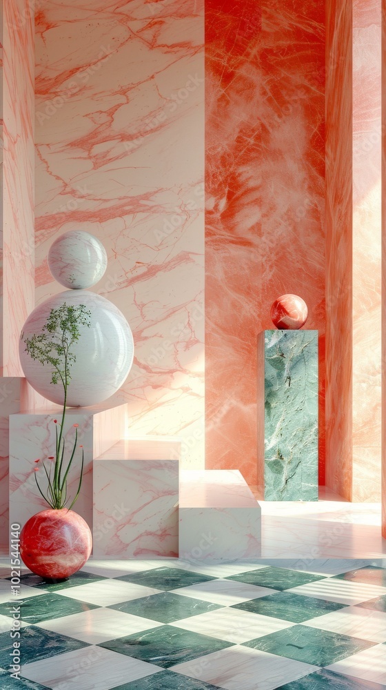 Poster Abstract Interior Design with Pink Marble and Green Tiles