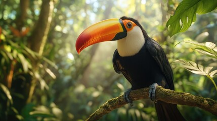 Close-up of a toucanas brightly colored beak and black feathers, perched on a branch in a tropical rainforest.