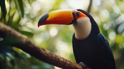 Obraz premium Close-up of a toucanas brightly colored beak and black feathers, perched on a branch in a tropical rainforest.