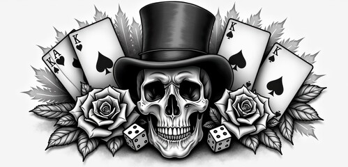 A striking tattoo style illustration featuring a skull with a top hat, playing cards, roses, and dice. Perfect for designs related to gambling, tattoos, or edgy art.