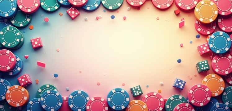A vibrant border of colorful poker chips and dice creates a playful casino atmosphere, perfect for gambling promotions, events, or themed designs.