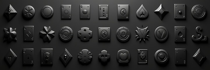 A collection of stylish, abstract black icons and symbols on a dark background, perfect for modern design projects, branding, and digital interfaces.