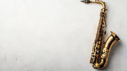 A gold saxophone leans against a smooth white wall, flaunting its stunning design
