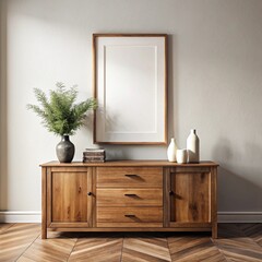 Wooden cabinet, dresser against concrete wall with empty blank mock up poster frame with copy space. Rustic home interior design of modern living room