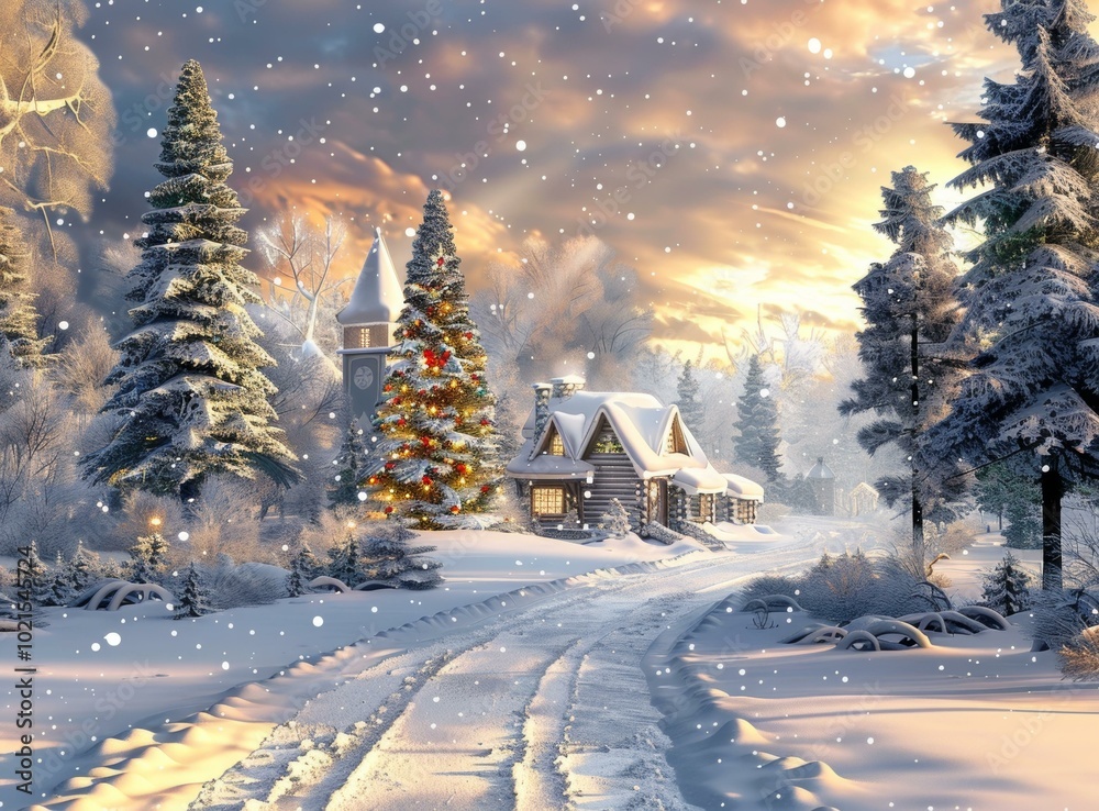 Wall mural Snowy Christmas Village Scene Illustration