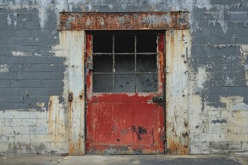 Weathered Brick Wall with a Rusty Red Door