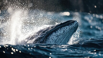 Fototapeta premium Close-up of a whaleas blowhole as it surfaces to breathe, with water spraying into the air above the ocean.