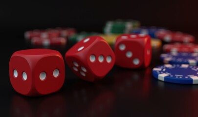 Close up of vibrant red dice with poker chips in the background, perfect for illustrating gaming, gambling, or casino related themes in marketing materials.