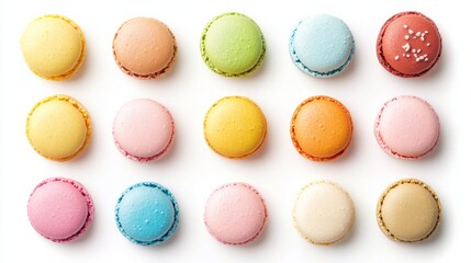 Creative layout of macaron cakes isolated on a white background A collection of sweet treats Flat lay top view