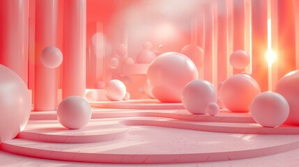 Pink Geometric Abstract Space with Floating Balls