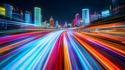 Dynamic light trails flowing through a futuristic cityscape at night.