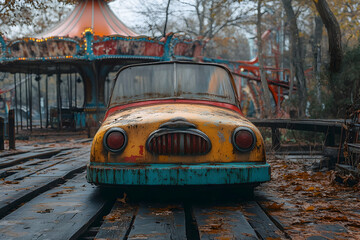 Rusty Car in Front of a Carousel - Abandoned Amusement Park Photo