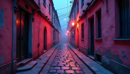 Fototapeta premium Solitary Medieval Stone Street Closed Doors and Windows, Dimly Lit Street Lamp Mysterious Danger