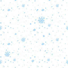 Vector illustration. Christmas and New Year seamless pattern. Snowflakes and flakes, falling snow. Scandinavian ornament. Abstract wallpaper. Snow pattern for advertising and typographic products. 