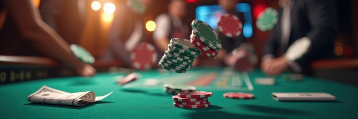 Exciting casino scene capturing the thrill of gambling, with flying poker chips and a vibrant atmosphere ideal for promotions and entertainment content.