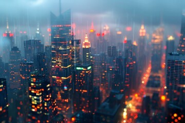 Fototapeta premium Rainy Night Metropolis Cityscape Illustration
