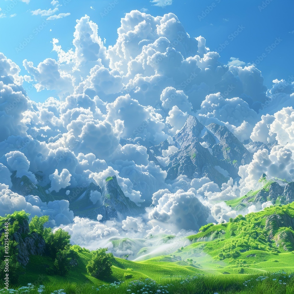 Wall mural Fantastic Mountain Landscape with Fluffy Clouds