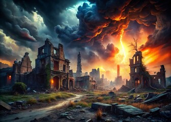 Stunning Apocalypse Background with Dark Skies, Ruins, and Eerie Atmosphere for Post-Apocalyptic Scenes and Designs