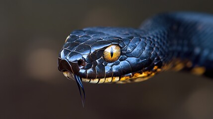 Obraz premium Detailed close-up of a taipan snakeas head, its venomous fangs and golden eyes fixated on its prey.
