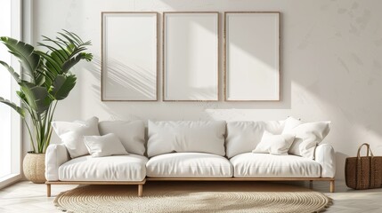 Bright living room interior with white sofa, frames, plant and carpet